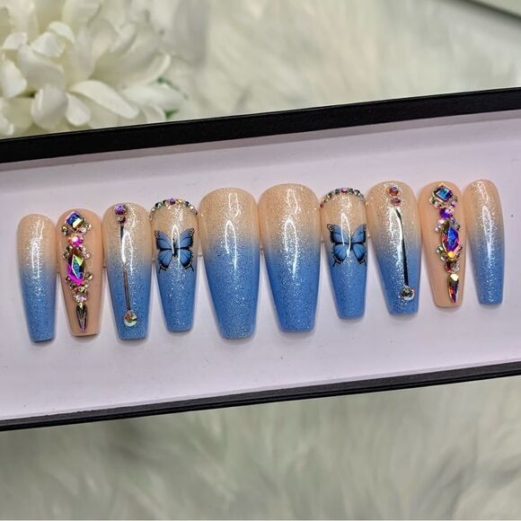 Blue 🦋 Custom Press On Nails | High Quality Nails | Handmade - Picture 4 of 11